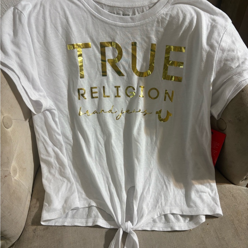 True Religion Women's White Tee with Gold Accents